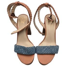 Vince Camuto Blue Denim Woven Platform Heels Tan Leather Wrap Size 7.5